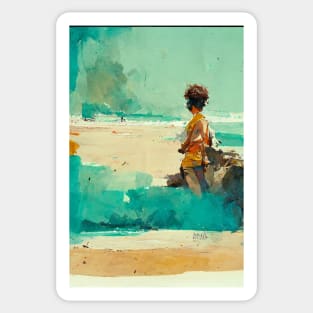 10y old boy playing on the beach Sticker